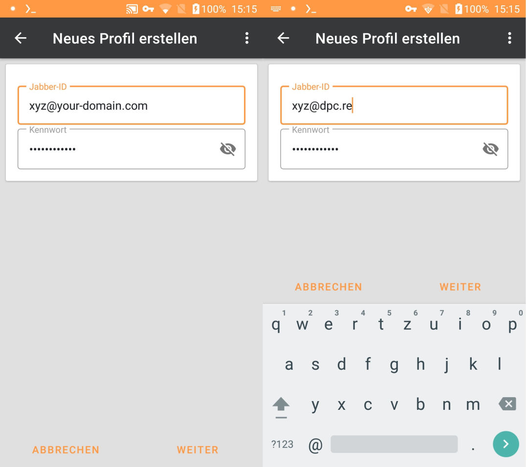 Automatisches Passwort kopieren und JID ergänzen!